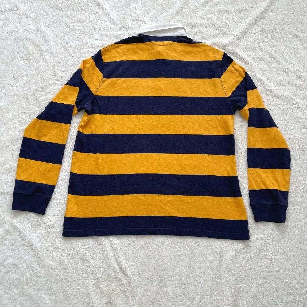 Polo Ralph Lauren Mens Rugby Shirt Navy Yellow Striped Custom Slim Fit Logo XL